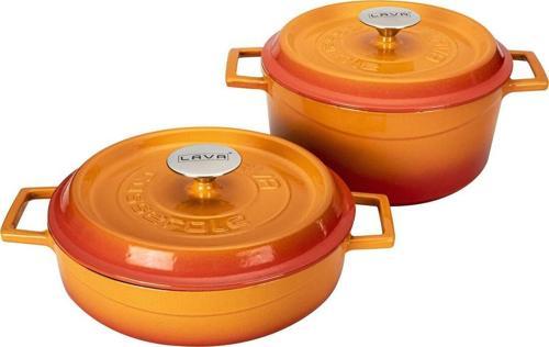24 Cm Yuvarlak 28 Cm Sığ 2'Li Demir Döküm Tencere Seti Turuncu
