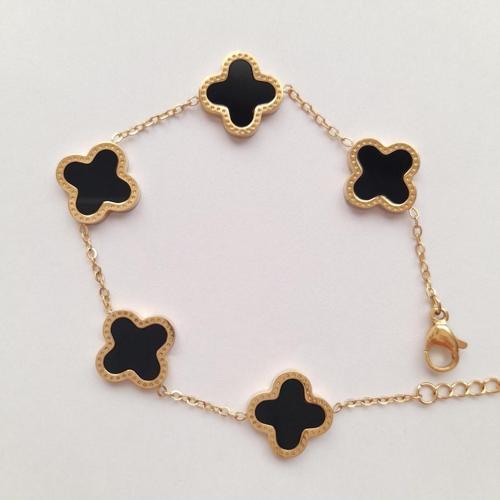 siyah Sedef Taşlı Van Cleef Yonca Gold Çelik Bileklik