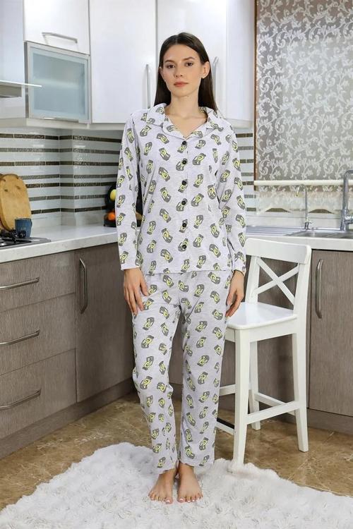 Kadın Pamuk Penye Önden Düğmeli Uzun Kol Pijama Takım Gri