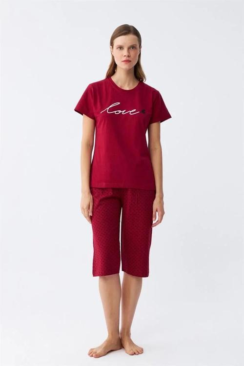 Kadın Bordo Kalp Desenli Kapri Pijama Takımı