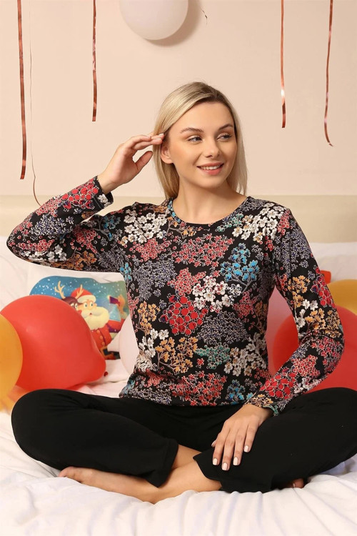 Kadın Uzun Kol Penye Pijama Takım Siyah