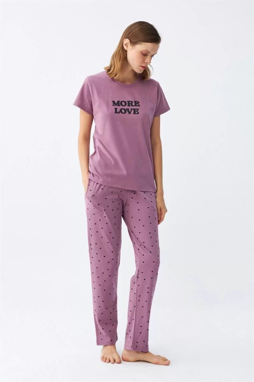 Kadın Mor Yıldız Desenli Penye Kısa Kol Pijama Takımı