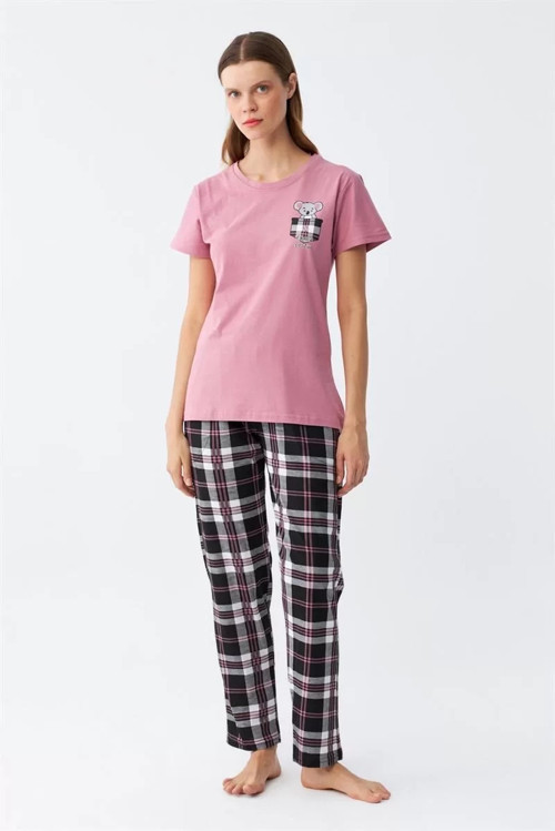 Kadın Somon Ayıcık Baskılı Ekoseli Penye Pijama Takımı