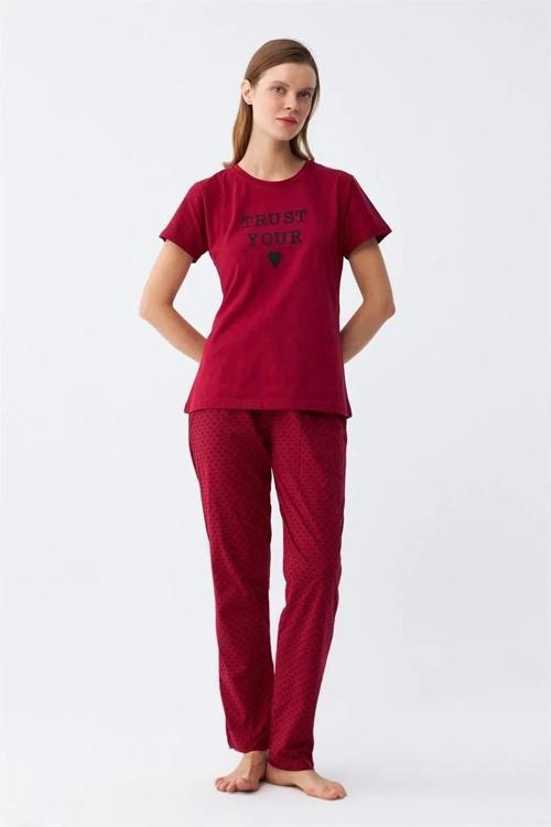 Kadın Bordo Kalp Desenli Kısa Kollu Penye Pijama Takımı