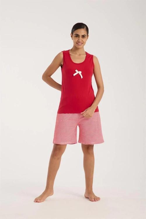 Kadın Kırmızı Kurdele Detaylı Çizgili Şortlu Pijama Takımı