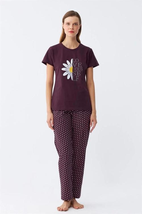 Kadın Mürdüm Papatya Baskılı Kısa Kollu Penye Pijama Takımı