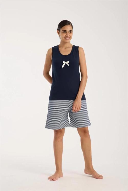 Kadın Lacivert Kurdele Detaylı Çizgili Şortlu Pijama Takımı