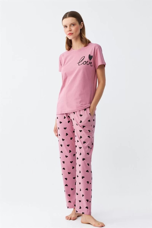 Kadın Somon Kalp Desenli Kısa Kollu Penye Pijama Takımı