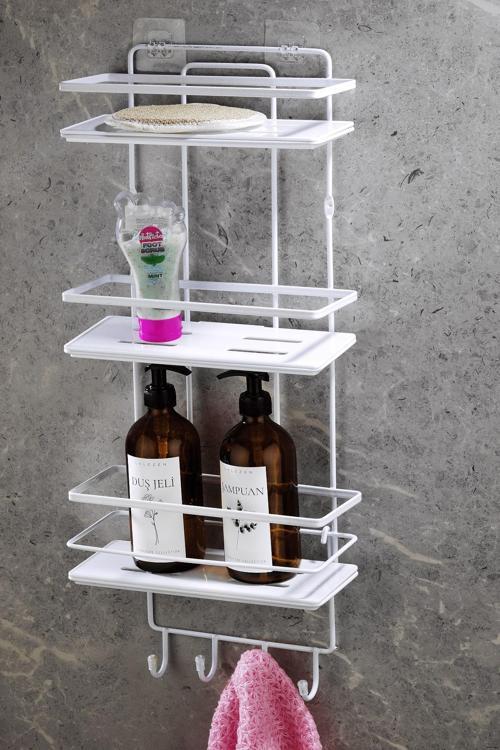 Yapışkanlı Ömür Boyu Paslanmaz Kristal Ayarlanabilir Raf Banyo Düzenleyici Şampuanlık Beyaz - Beyaz
