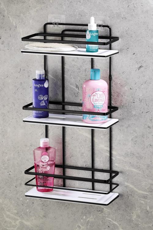 Yapışkanlı Ömür Boyu Paslanmaz Kristal Ayarlanabilir Raf Banyo Düzenleyici Şampuanlık Siyah - Beyaz