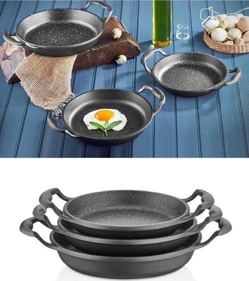 3'Lü Set Döküm Siyah Granit Sahan Tava 22Cm - 20Cm - 18Cm