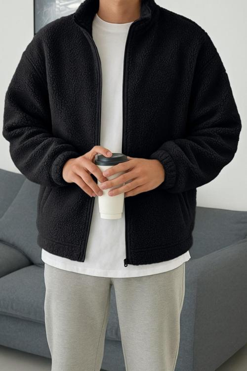 Erkek Isı Termal İç Dış Sherpa Sonbahar Kış Tam Fermuarlı Peluş Polar Sweatshirt