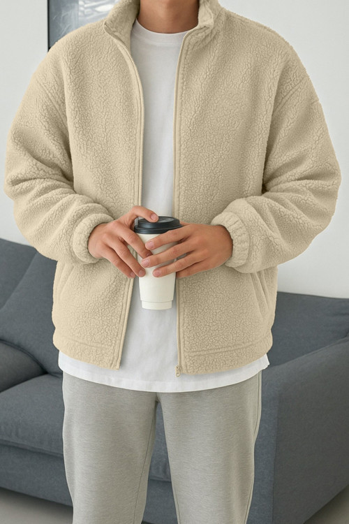 Erkek Isı Termal İç Dış Sherpa Sonbahar Kış Tam Fermuarlı Peluş Polar Sweatshirt