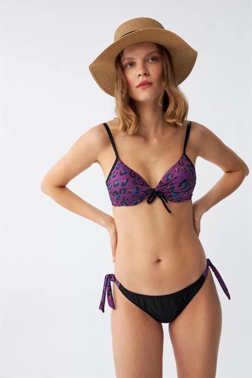 Kadın Yandan Bağlamalı Yarım Destekli Fiyonklu Alt Üst Bikini Takım Mor