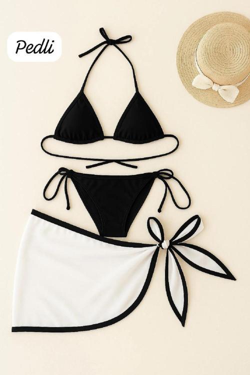 Kadın Siyah Beyaz Pareolu Yandan ve Boyundan Bağlamalı 3'lü Bikini Takımı