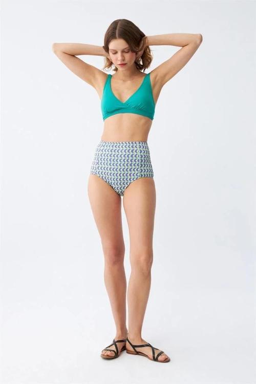 Kadın Yeşil Pedli Geometrik Desenli Yüksek Bel Bikini Takımı