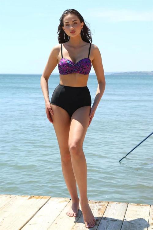 Kadın Yüksel Bel Straplez Mor Bikini