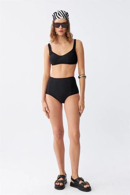 Kadın Siyah Pedli Kare Yaka Yüksek Bel Bikini Takımı