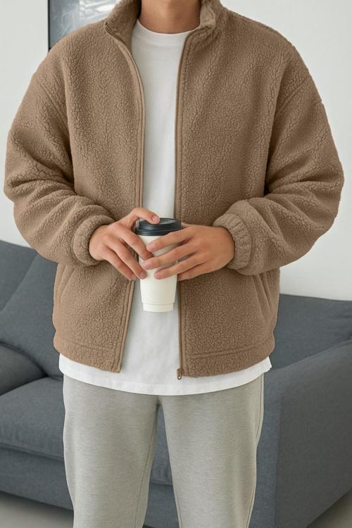 Erkek Isı Termal İç Dış Sherpa Sonbahar Kış Tam Fermuarlı Peluş Polar Sweatshirt