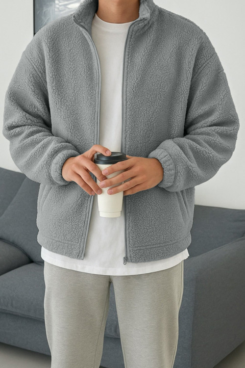 Erkek Isı Termal İç Dış Sherpa Sonbahar Kış Tam Fermuarlı Peluş Polar Sweatshirt