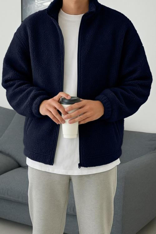 Erkek Isı Termal İç Dış Sherpa Sonbahar Kış Tam Fermuarlı Peluş Polar Sweatshirt