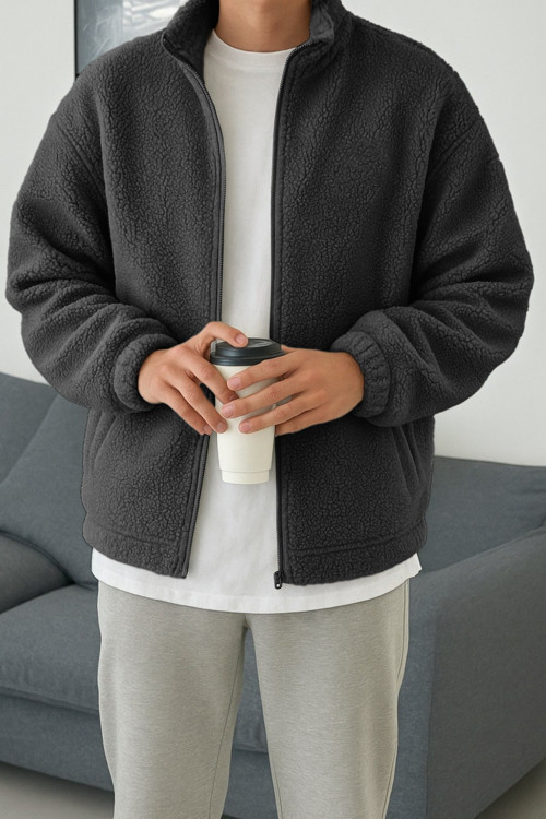 Erkek Isı Termal İç Dış Sherpa Sonbahar Kış Tam Fermuarlı Peluş Polar Sweatshirt