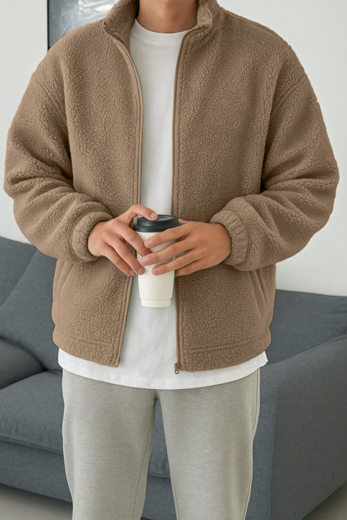 Erkek Isı Termal İç Dış Sherpa Sonbahar Kış Tam Fermuarlı Peluş Polar Sweatshirt