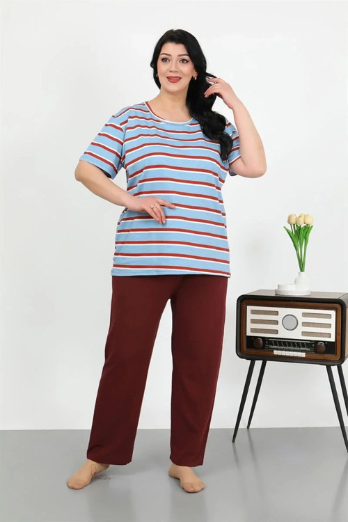 Kadın Büyük Beden Kısa Kol Penye Pijama Takımı Mavi