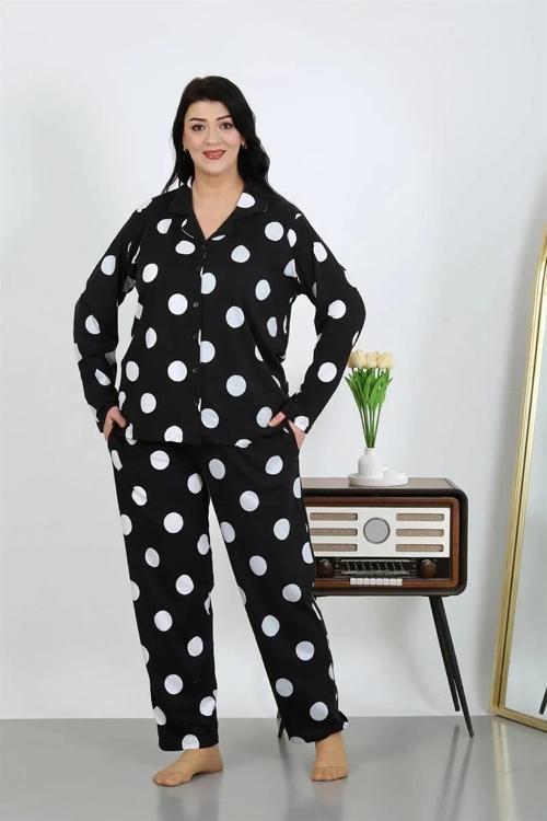 Kadın Büyük Beden Pamuklu Cepli Düğmeli Siyah Pijama Takım