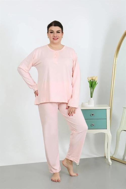 Kadın Büyük Beden Uzun Kol Penye Pijama Takımı Pembe