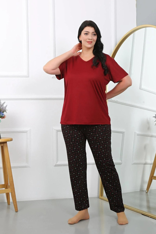 Kadın Büyük Beden Kısa Kol Penye Pijama Takımı Bordo