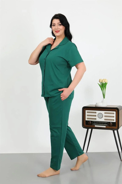 Kadın Büyük Beden Pamuklu Cepli Düğmeli ZümrütYeşili Pijama Takım