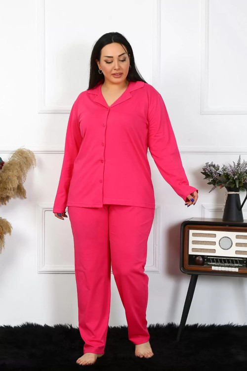 Kadın Büyük Beden Pamuklu Cepli Düğmeli Fuşya Pijama Takım