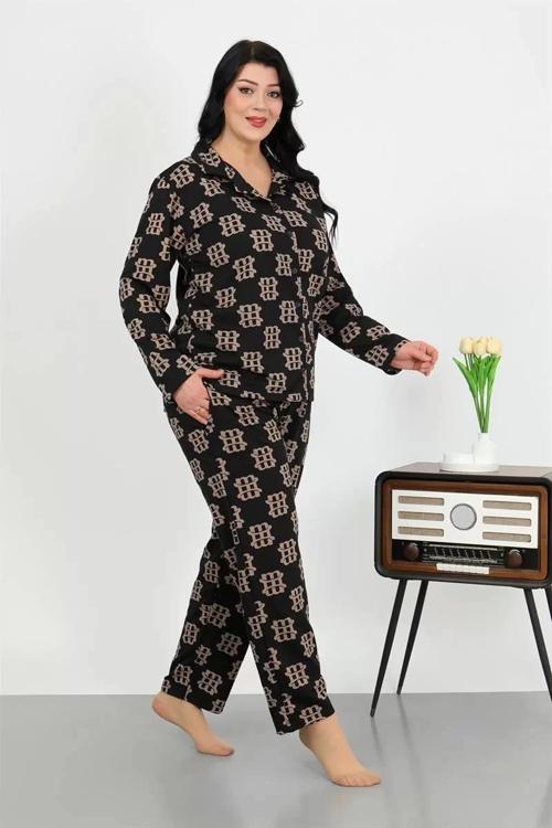 Kadın Büyük Beden Pamuklu Cepli Düğmeli Siyah Pijama Takım