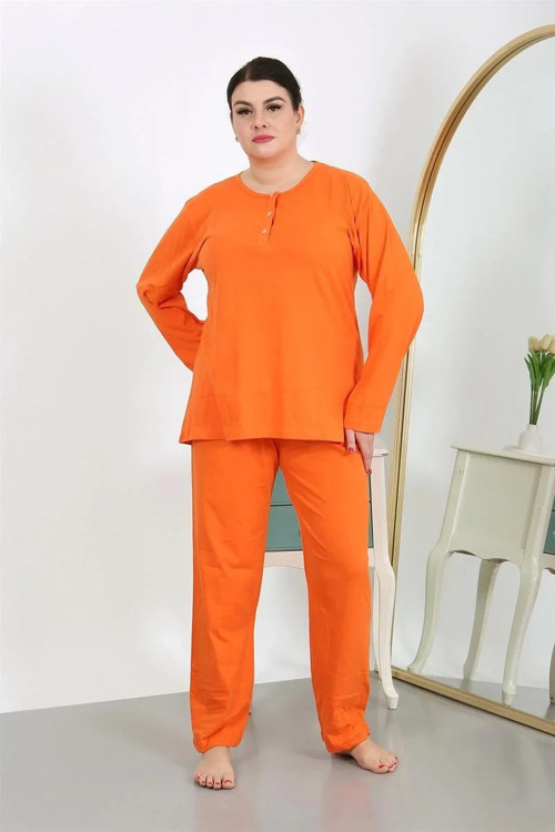 Kadın Büyük Beden Uzun Kol Penye Pijama Takımı Turuncu