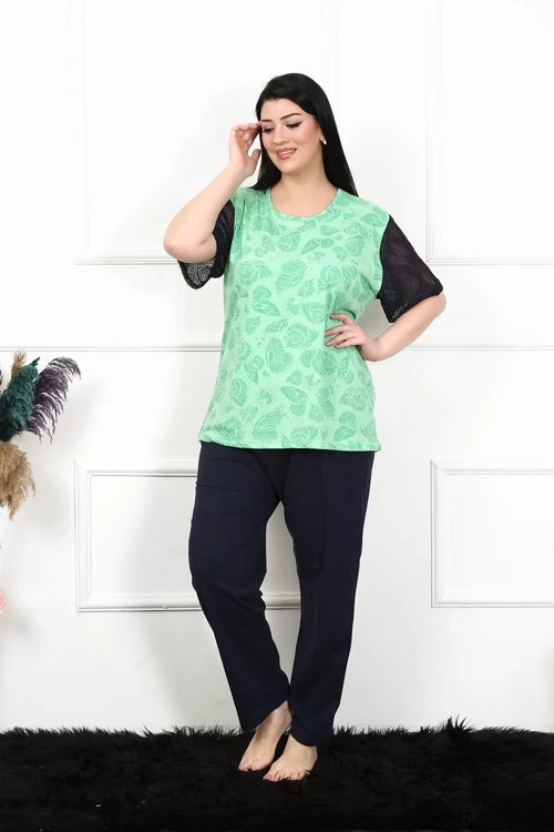Kadın 5XL-6XL-7XL-8XL Büyük Beden Kısa Kol Pijama Takım Yeşil