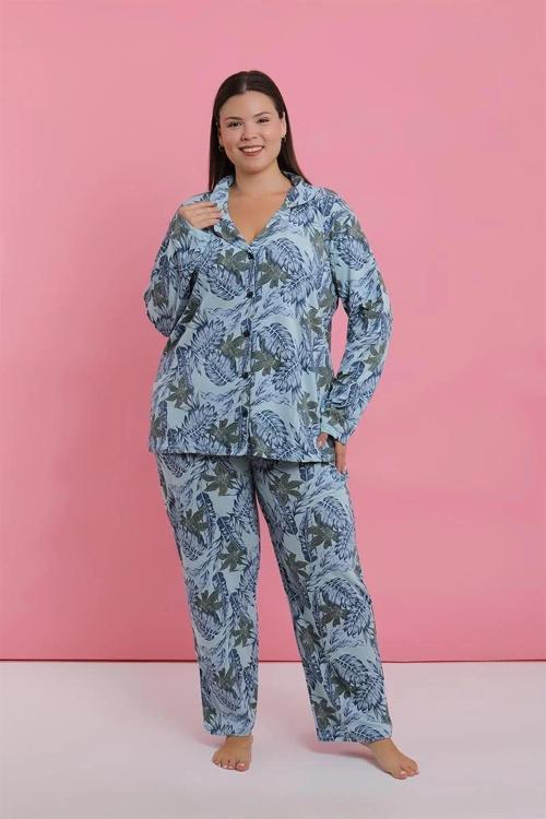 Kadın Büyük Beden Mavi Tropikal Desenli Düğmeli Pijama Takımı
