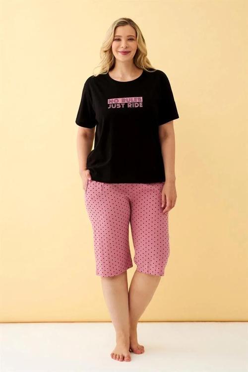 Kadın Siyah “No Rules Just Ride” Yazılı Büyük Beden Kapri Pijama Takımı
