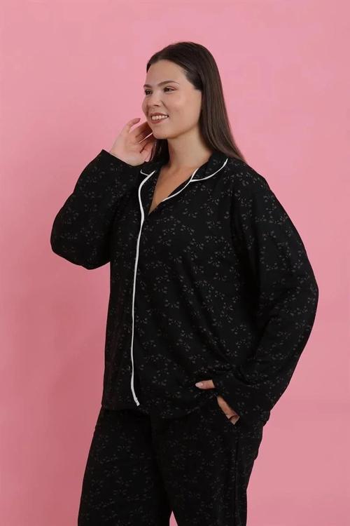 Kadın Büyük Beden Siyah Beyaz Biyeli Desenli Düğmeli Pijama Takımı