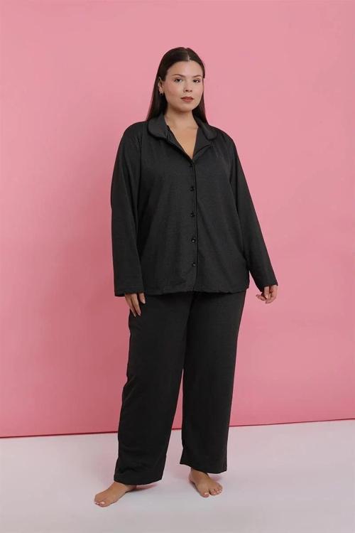 Kadın Büyük Beden Füme Düğmeli Pijama Takımı