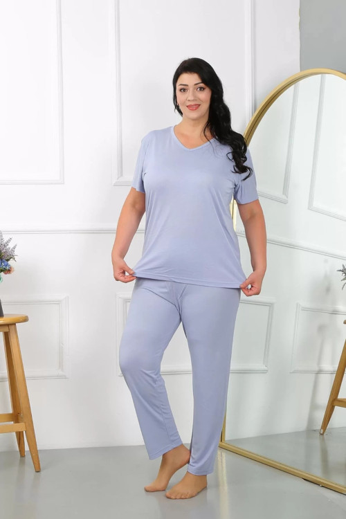 Kadın Büyük Beden Kısa Kol Penye Pijama Takımı Lila