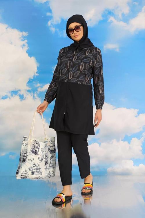 Kadın Pantolonlu Desenli Tam Tesettür Mayo Lacivert