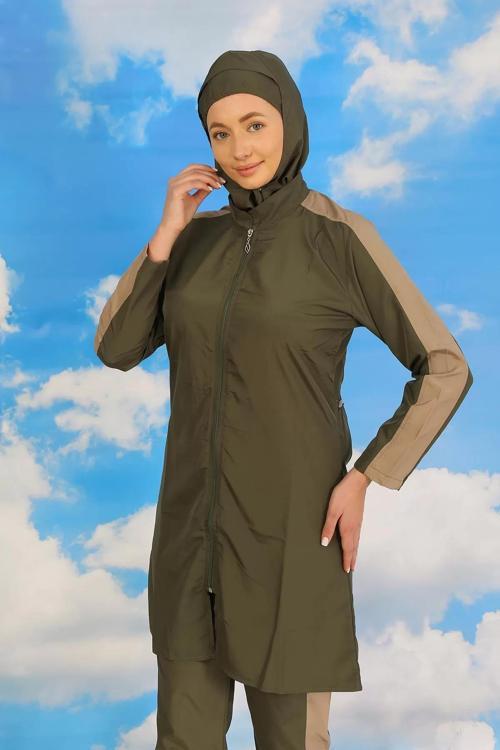 Kadın Pantolonlu Kolu Şeritli Tam Tesettür Mayo Haki
