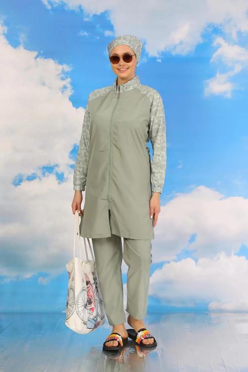Kadın Pantolonlu Desenli Tam Tesettür Mayo Su Yeşili