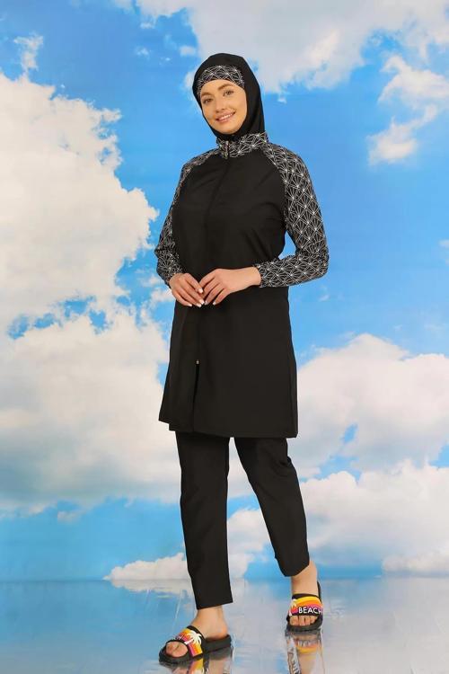 Kadın Pantolonlu Desenli Tam Tesettür Mayo Siyah