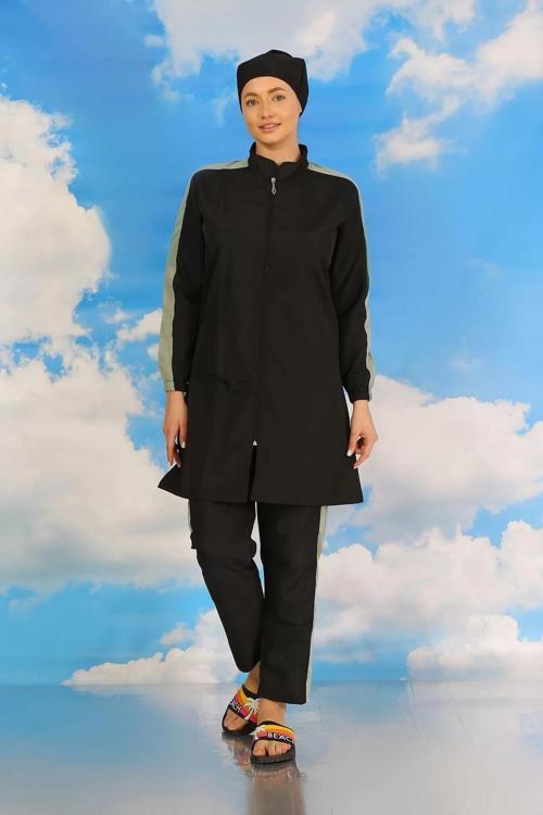 Kadın Pantolonlu Kolu Şeritli Tam Tesettür Mayo Siyah