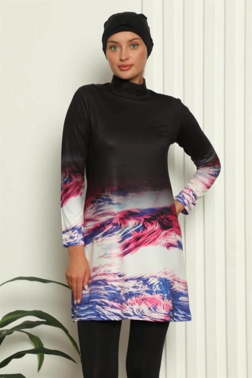 Tam Tesettür Dijital Desenli Mayo Siyah