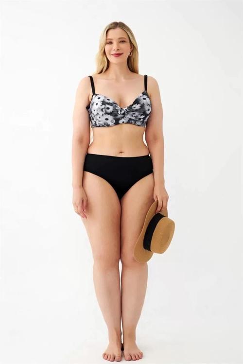 Kadın Papatya Desenli Gri Büyük Beden Bikini Takımı
