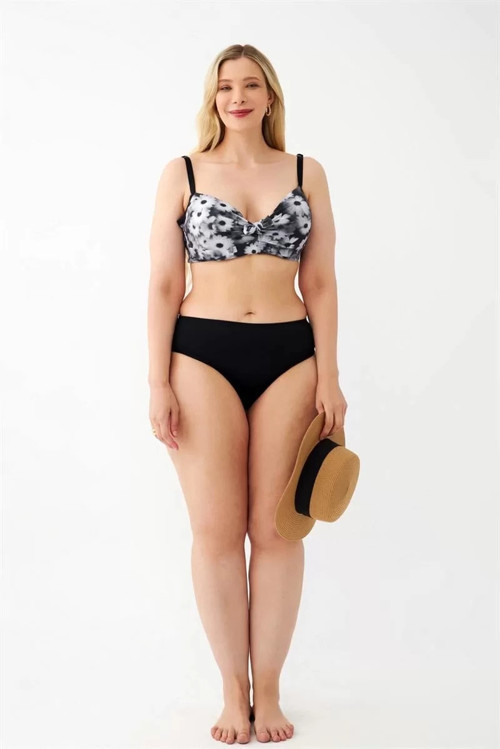 Kadın Papatya Desenli Gri Büyük Beden Bikini Takımı