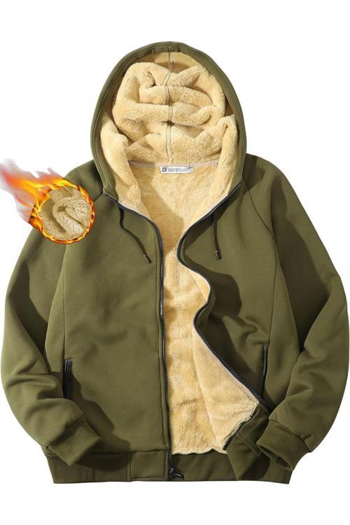 Erkek Ultra Termal Sherpa Astarlı Kapüşonlu Fermuarlı Cepli Kışlık Sweatshirt